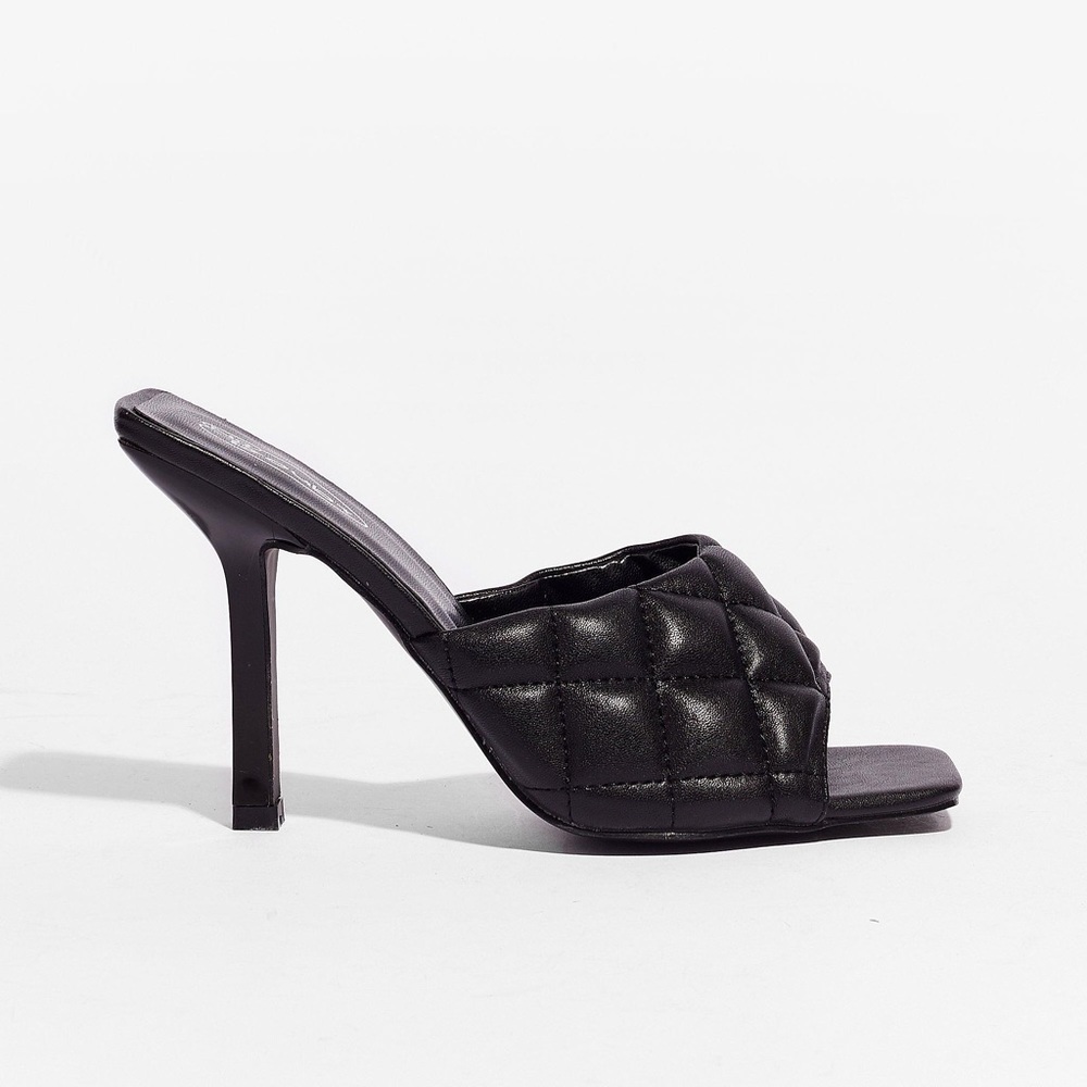 Black Quilted High Heel Mules